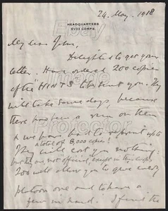 1918 WWI H.Q. 18 DIV, General Sir Frederick Ivor Maxse, to General John Ponsonby - Picture 1 of 2