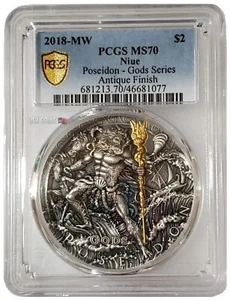 2018 2 Oz Silver $2 Niue God Of The Sea POSEIDON PCGS MS70 Gold Shield Coin. - Picture 1 of 14