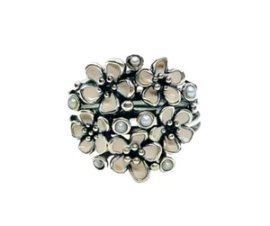 Retired PANDORA Sterling Silver Enamel Seed Pearl Cherry Blossom Ring Sz 52 - Picture 1 of 8