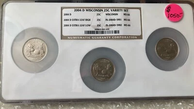 Wisconsin Extra Leaf Error NGC MS 66 Rare Trio Coin Set 2004 D - Image 1 of 4