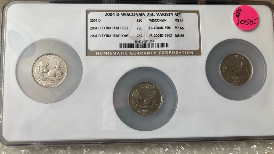 Wisconsin Extra Leaf Error NGC MS 66 Rare Trio Coin Set 2004 D - Image 1 of 4