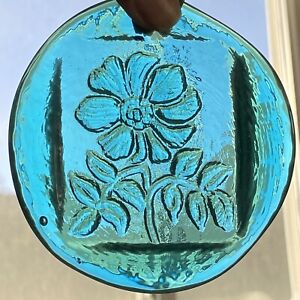 Glass Sun Catcher Flowers Green Handmade Floral 3.75” Round Art Window Ornament