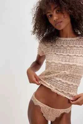 Free People Angelina Lace Tee Fp One Tea Mesh Striped Short Sleeve Blouse Top S - Image 1 of 4