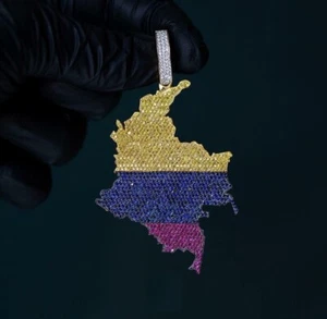 1.48 ct Round Multi Color Cubic Zirconia Men's Colombia Map Pendant 1 inch - Picture 1 of 8