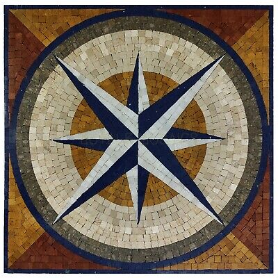 Handmade Compass Nautical Marble Mosaic With Blue Granite Square Medallion Tile • 260.61€