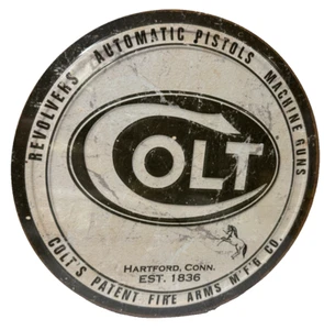 COLT FIRE ARMS Round  FULLY EMBOSSED Sign wall decor 11.75 " inch Made in USA - Picture 1 of 4