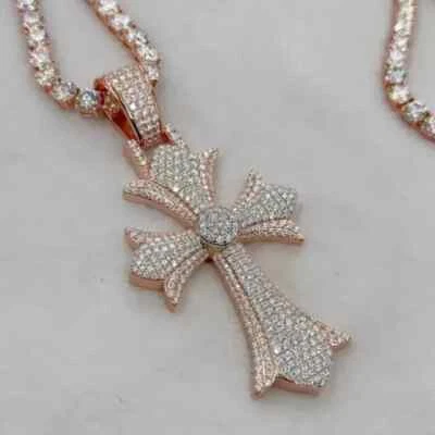 Pingente cruzado masculino corte redondo real moissanita 3,40 quilates folheado a ouro rosa 14K - Imagem 1 de 4