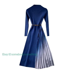 Women Midi Dress Pleated Long Sleeve Swing Knitted Gradient Retro Elegant Office - Imagen 1 de 16