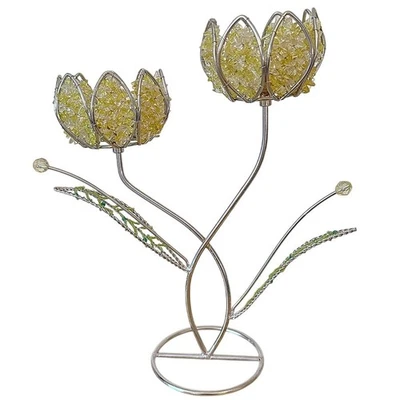 Juego de 4 Candelabros Votivos Flor de Loto Cuentas Amarillo Plata Único  Foto 1 de 4