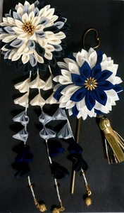 Japanischer Kimono, Kanzashi Haarschmuck, Tumami-Zaiku, zwei Stück, Handarbeit, Seide, k-10 - Bild 1 von 8