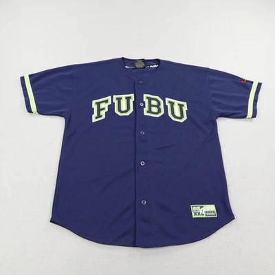 Vintage FUBU Shirt Mens Large Blue Green Button Up Baseball Jersey 90s Y2K - Image 1 of 4