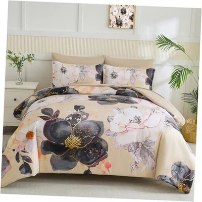  尺寸棉被套装 7 件套床包,白色黑色花卉国王卡其色花卉 — 第 1/4 张图片