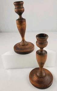Pair of 7" Vintage/Antique Candlesticks Primitive Hand Turned Wooden Spindle - Picture 1 of 13