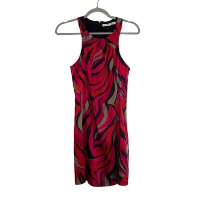 Mini Vestido Trina Turk Seda Estampado Abstracto Sin Mangas Talla 0 Rojo Rosa Negro Forrado Foto 1 de 4