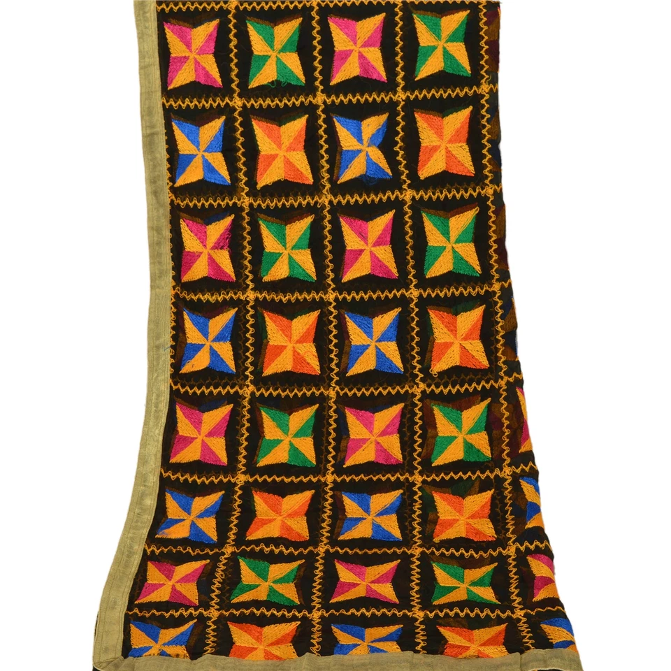 Estola Sanskriti Vintage Negro Dupatta Bordado Gasa Seda Bagh Phulkari Foto 1 de 4