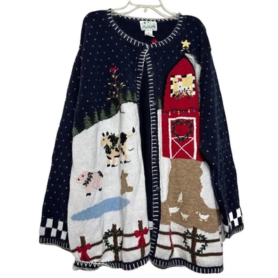 Vintage Quacker Factory Cardigan Button Up Winter Farm Animals Christmas Size 2X - Image 1 of 4