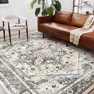 Area Rug 6'x9' Cyan Khaki Washable Vintage Traditional Floor Cover Thin Retro... - Picture 1 of 5