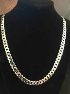 Men's Flat Cuban Link Chain Solid 925 Sterling Silver 14 K Yellow Gold Plated - Picture 1 of 12