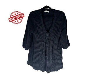 Vintage Black Cable Knit Cardigan Aran Style Cable Knit Winter Sweater | XL - Picture 1 of 7