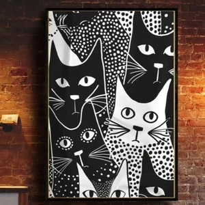 Minimalist Cat Art Print – Cute Black & White Kitty Decor Trendy Vintage Poster - Picture 1 of 5