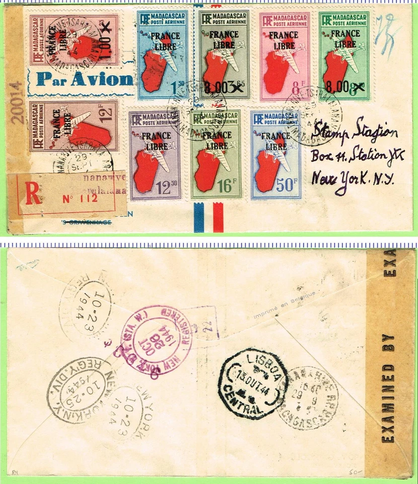 Madagascar Sc. #C27, C29-36 correo aéreo registrado censurado 29 de septiembre de 1944 a EE. UU. Foto 1 de 1