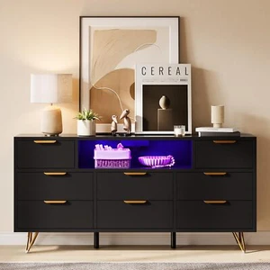 Wood Dresser TV Stand Storage Chest Dresser Bedroom with Power Outlet ,LED Light - Picture 1 of 9