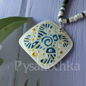 Pysanka pendant Ostrich Shell Easter egg style on a ceramic necklace Hand Made - Picture 1 of 6