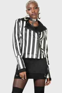 Killstar Zuriel Striped Black & White Biker Jacket NEW Moto Beetlejuice Goth - Picture 1 of 5