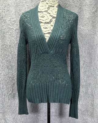 Suéter largo pequeño verde cuello en V Axcess para mujer Y2K acanalado tejido abierto transparente Foto 1 de 4