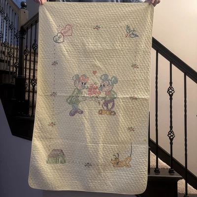 Vintage Disney Hand Embroidered Quilt Mickey Minnie Pluto 1970s Crib 32x50 - Image 1 of 4