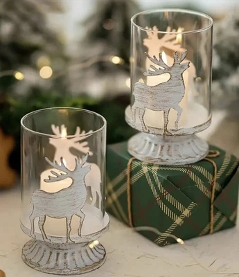 2 Stück Windlicht Metall Hirsch mit Glaseinsatz Glaswindlicht Landhaus Geschenk  - Bild 1 von 4