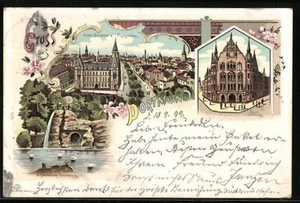 Lithographie Dortmund, Westl. Stadtteil mit Postgebäude, Neues Stadttheater, Kr - Bild 1 von 2