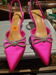 Aldo Size 11 Pointed Toe Hot Pink Slingback Heels With Jeweled Bow - Picture 1 of 9