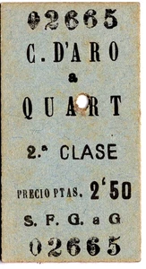 Billete de tren: España: Sant Feliu Guixoles a Gerona: C D'Aro a Quart, 1957 - Imagen 1 de 1