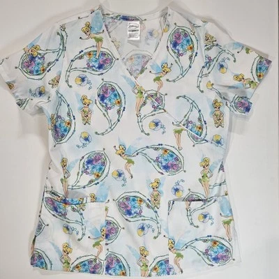 Disney Scrub Top Womens Small White Tinkerbell Graphic Print Medical Workwear - Image 1 of 4
