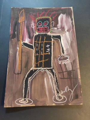 Jean-Michel Basquiat(手工制作)亚克力画密封在卡片上。 — 第 1/4 张图片