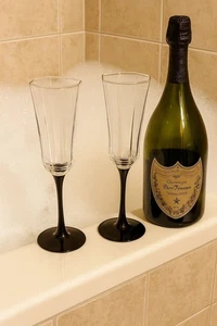 Vintage Set France Luminarc Octime Crystal Black Stem Champagne Flutes Glasses - Picture 1 of 7