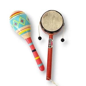 Vintage Child's Musical Instruments Chinese Pellet Drum Wooden Maraca - Picture 1 of 5