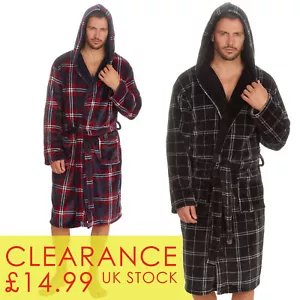 Mens Bath Robe with Hood Checked Fleece Dressing Gown M L XL XXL Hooded SALE UK - Picture 1 of 15