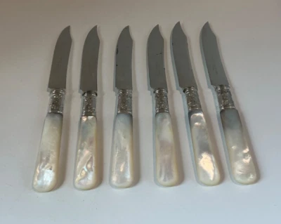 "Antiguo - Juego de 6 - Cuchillos individuales de nácar y banda esterlina para frutas 6""" Foto 1 de 4