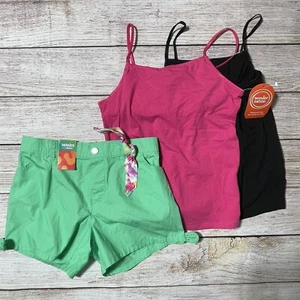 Girls Lot Of Clothes Size L (10-12). NWT! Green Shorts, Pink & Black Camis. - Picture 1 of 11