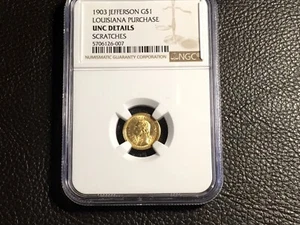1903 Jefferson Gold Commemorative 1.00 NGC Unc Details Scratches - Picture 1 of 5
