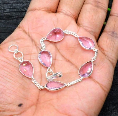 Pulsera de joyería hecha a mano de piedras preciosas de plata de ley 925 morganita rosa talla 7-8" Foto 1 de 4