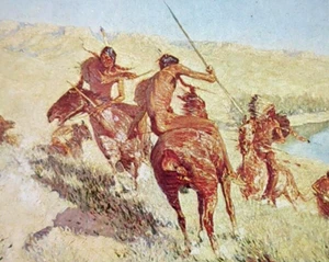 Frederic Remington Episode of The Buffalo Gun Vtg Western Art Bookplate Print 40 - Picture 1 of 4