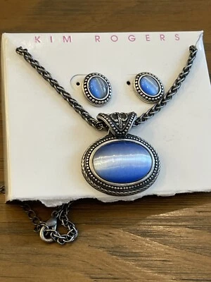 Vintage Kenneth Cole Silver-tone Blue Tiger Eye Necklace+ earrings Set - Image 1 of 4