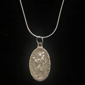 Vintage St Christopher Protect Us Sterling Silver Pendant Necklace 18" Snake - Picture 1 of 7