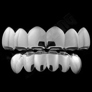 18K White Gold IP Plated GRILLZ Top & Bottom STAINLESS STEEL Teeth Hip Hop Grill - Picture 1 of 7