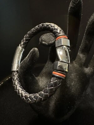 Браслет мужской плетеный INOX из нержавеющей стали черный/оранжевый кожа 7 дюймов - Изображение 1 из 4