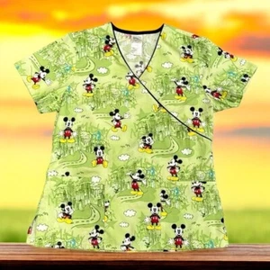 Disney World Mickey Mouse Green Graphic Nurse Medical Scrub Short Sleeve Top SM - Picture 1 of 9