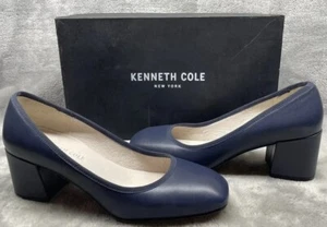 KENNETH COLE New York Womens 6 Blue Block Heels Slip On Leather Pumps - Picture 1 of 8